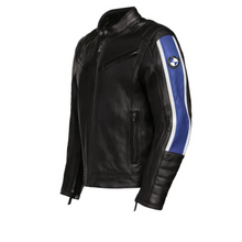 Load image into Gallery viewer, BMW Motorrad Schwabing Men&#39;s Motorcycle Leather Jacket – Black/Blue
